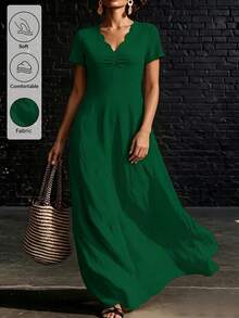 Breezaya Plus Size Women's Wavy Collar Fashion Commuter Long Dress - Dark Green - View 8