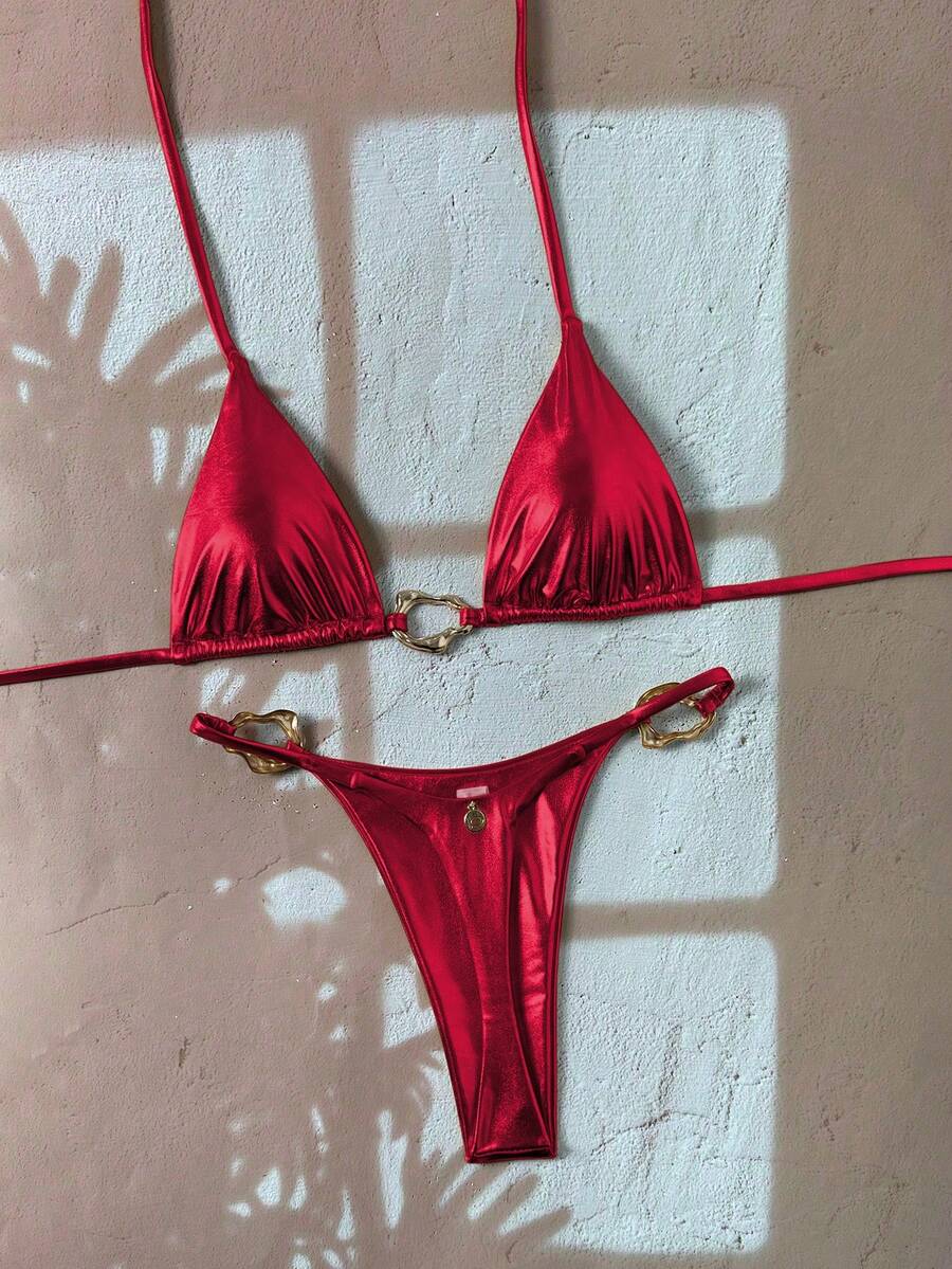 Swim Vcay 女款新款時尚掛脖細肩帶露背金屬飾邊性感三角比基尼套裝 - 紅色 - 查看 1