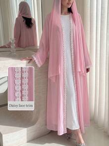 Yasmyna Elegant Pink And White Lace Trim Patchwork Long Sleeve Flared Chiffon Headscarf Abaya For Women - Pink - View 6