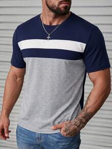 Manfinity CasualCool Kaos Pria Lengan Pendek Kerah Bulat Warna Kontras Kasual Serbaguna - MultiWarna - View 5