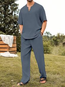 Palmeraft Men's Solid Color Mid-Sleeve T-Shirt And Long Pants Casual Everyday Set - Medium Wash - View 1