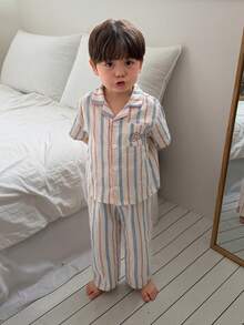 DAZY 男嬰韓系條紋領短袖上衣與長褲2件套居家服 夏季 - 米色 - 查看 5