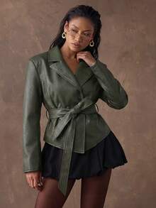 SHEIN BAE 女款時尚通勤復古腰帶夾克外套 - 軍綠色 - 查看 4