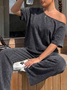 Muchica Asymmetrical Collar Top And Pants Casual 90s Gothic Modest Plus Size Women's Set Office Vacation Cruise Black Summer - Dark Grey - View 1