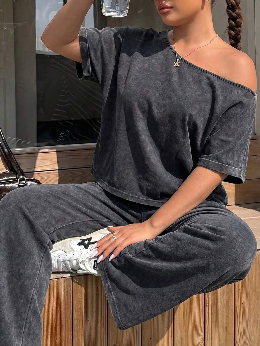 Muchica Asymmetrical Collar Top And Pants Casual 90s Gothic Modest Plus Size Women's Set Office Vacation Cruise Black Summer - Dark Grey - View 1