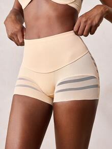Veilyse 1pc Women High Waist Shaping Panties, Striped Lifting Mesh Waist Slimming Pants, Abdomen Control Flat Belly Shapewear Shorts - Apricot - View 5