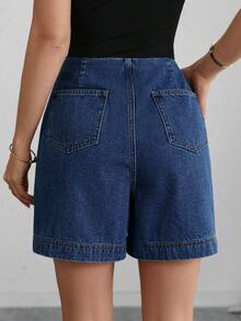 SHEIN Clasi Women's Patchwork Chain Design Pocket Casual Denim Shorts Travel Vacation Dark Blue Summer - Blue - View 2