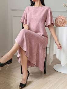 DAZY Spring Summer Round Neck Short Sleeve Pink Jacquard Floral Pattern Loose Fit Mid-Length Dress For Women - Pink - View 7