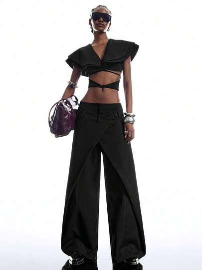 LYSMO Women's Fashion Commute Solid Color Wrap Wide Leg Long Pants