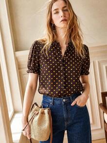 Écloséra Women's Elegant Commuter Blouse French Style Ruffle Trim Polka Dot Contrast Color Print Short Sleeve Versatile Blouse Spring Summer - Brown - View 4