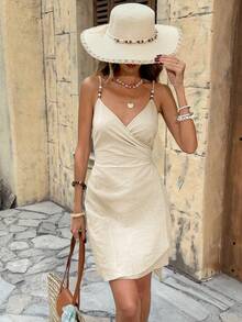 SHEIN LUNE Women's Casual Tropical Solid Color Summer Vacation Commute Daily Basic Fashion Outing Outfit Spaghetti Strap Short Dress Beige Brunch Beach - Apricot - View 6