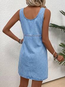 EMERY ROSE EMERY ROSE Women's Light Blue Sleeveless Denim Dress,Summer Casual Picnic Everyday Wear,Scoop Neck Side Button Placket A-Line Silhouette Light Wash Shift Mini - Blue - View 3
