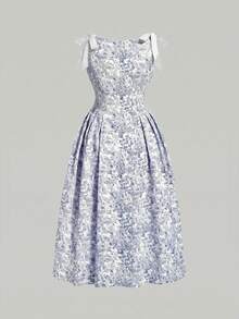 SHEIN MOD 無袖圓領對比飾邊蝴蝶結裝飾洋裝，抓褶腰線，飄逸裙襬 - 藍白色 - 查看 7