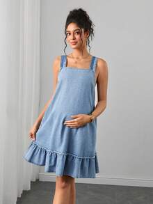 Momance Maternity Back Tie Design Casual Daily Wear Denim Washed Dress Fall - Light Wash - View 7