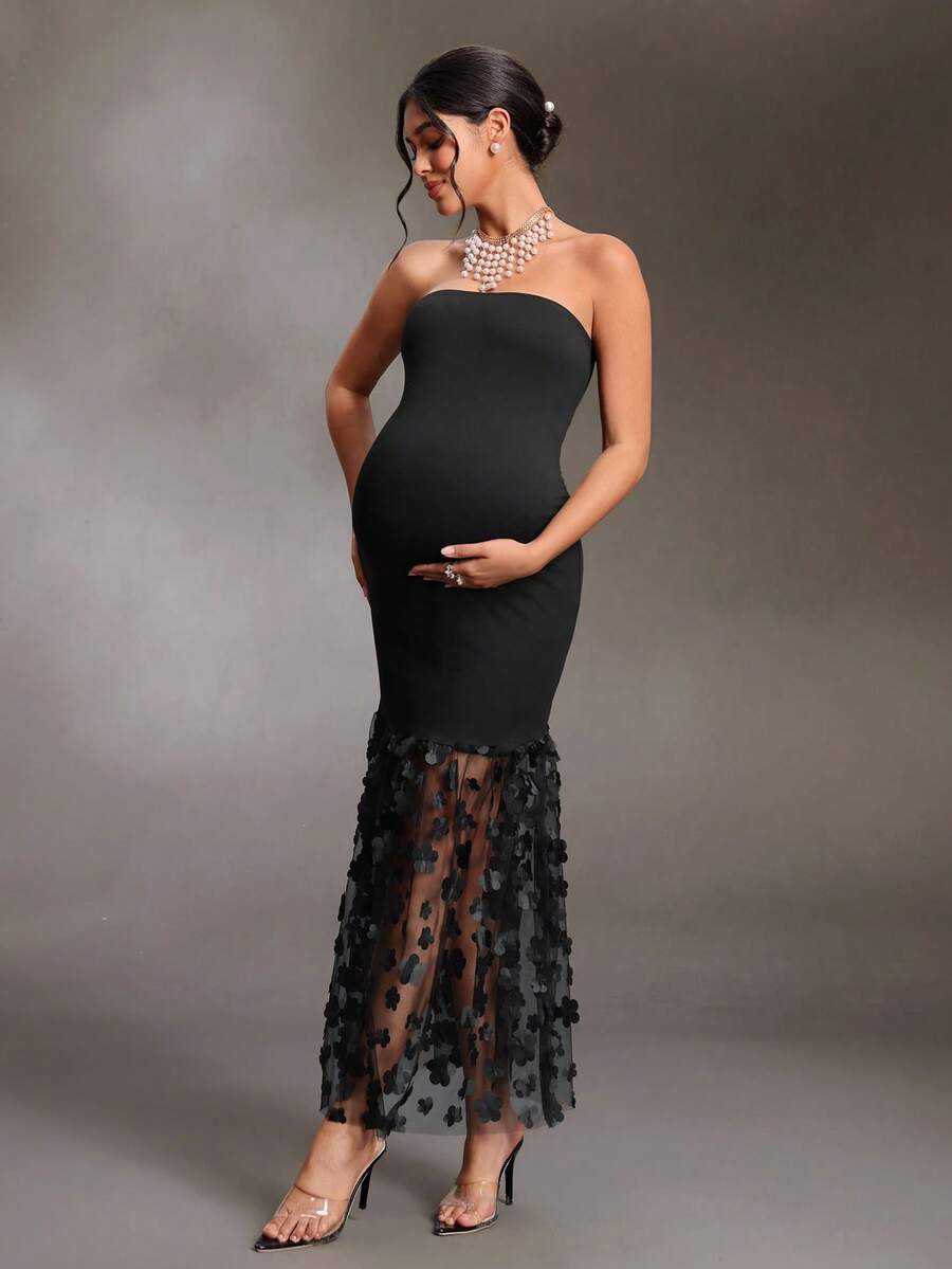 Cheriluna Maternity 性感優雅黑色抹胸貼身洋裝，適合家庭聚會、派對、假期、生日派對及其他場合 - 黑色 - 查看 1