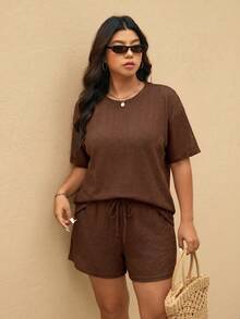 Elaquor Plus Size Women's Solid Color Round Neck Short Sleeve T-Shirt And Shorts Casual Two Pieces Set - Brown - View 6