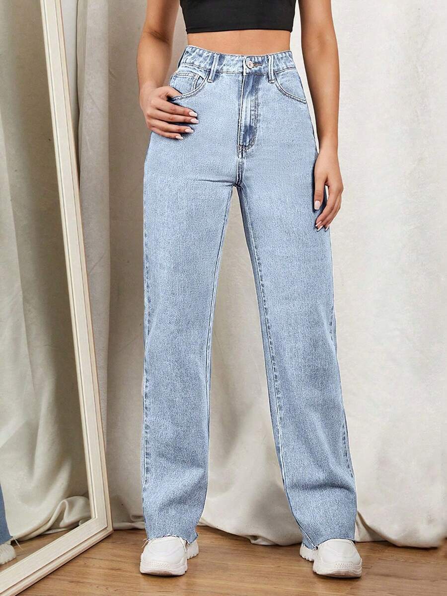 SHEIN EZwear 高腰直筒牛仔褲 - 淺色水洗藍 - 查看 1
