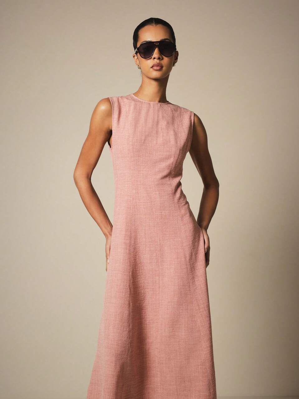 KSTM Sleeveless Boat Neck Linen Feel Midi Dress With A-Line Silhouette Perfect For Summer Weddings And Day Events