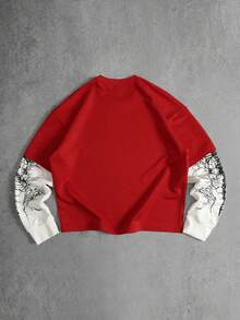 ROMWE MEN Men's Colorblock Patchwork Gothic Print T-Shirt - Red - View 2