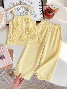 Young Girls Solid Color 3D Floral Camisole & Pants Set - Yellow - View 1