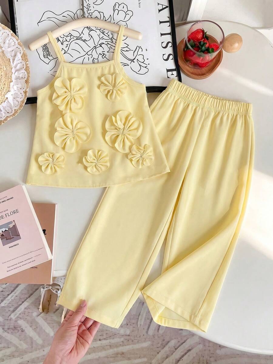 Young Girls Solid Color 3D Floral Camisole & Pants Set - Yellow - View 1