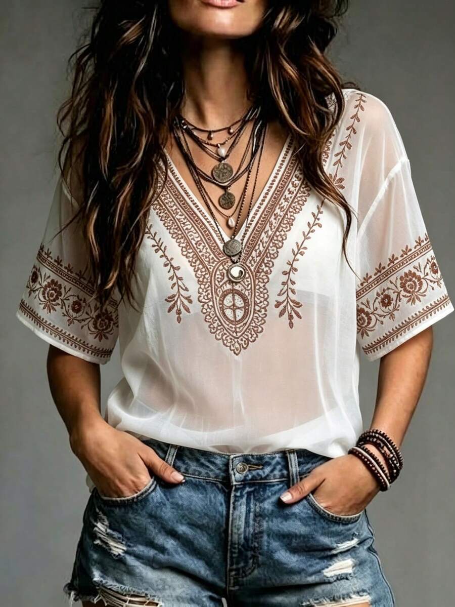 SHEIN Fiorisel Top semi-transparent à manches courtes avec imprimé motif pour femmes - Nude - Voir 1
