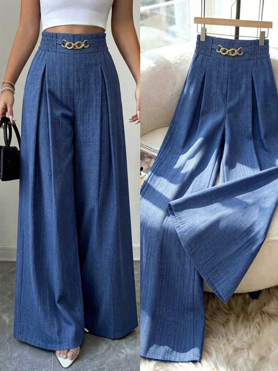 Elenzga Spring/Autumn Metal Ring Wide Leg Pleated Waist Trousers - Blue - View 1