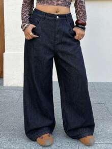 Dazy Plus Plus Size Washed Distressed Loose Wide Leg Long Denim Jeans Summer - Dark Wash - View 6
