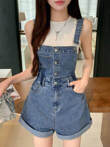 DAZY Quần yếm short denim nữ mùa hè ống rộng, gấu xắn, mài rách, màu xanh wash, phong cách Y2K - Màu xanh lam - Xem 1