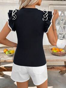 SHEIN Clasi Spring Break Ruffle Trim Scoop Neck Butterfly Sleeve Peplum Tee - Black and White - View 2