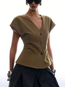 LYSMO Chemise de vacances polyvalente à simple boutonnage de couleur unie pour femmes - Tabac - Voir 6