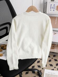 Tween Girl Tween Girls Autumn Loose Casual Minimalist Comfortable Round Neck Cardigan Solid Color Sweater, Autumn Winter Girls Sweater, Suitable For Daily Casual Commute Versatile, Preppy Style Outfit, Back To School Outfit - Beige - View 5