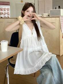 DAZY 女款韓式風格純色休閒荷葉邊背心上衣 夏季 - 白色 - 查看 5