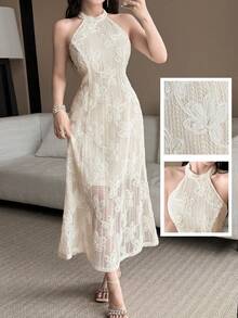 Feyla Women's Summer Elegant Solid Color Jacquard Halter Neck Midi Dress - Apricot - View 2