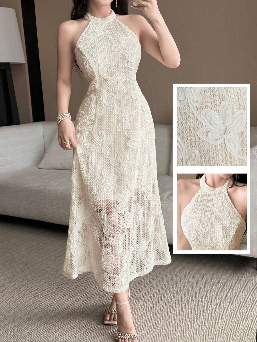 Feyla Women's Summer Elegant Solid Color Jacquard Halter Neck Midi Dress
