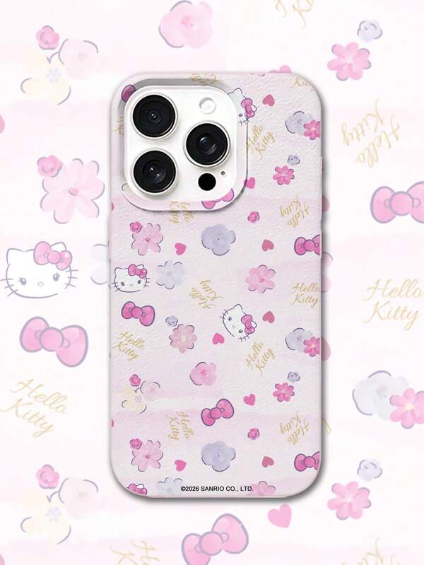 HELLO KITTY AND FRIENDS | SHEIN HelloKitty Full Characters & Villains Colorful Sticker Collage Print Pink Frame Leather Texture Phone Case Shockproof Anti-Drop Full Coverage Protective Cover For IPhone 17promax 16 15 14 13 12 Pro Max Plus Y2K Retro Aesthetic Cute Girly Ins High Appearance Phone Case
