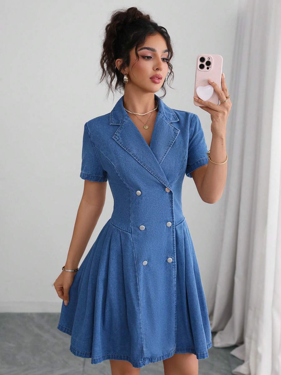 SHEIN Privé Summer Casual Elegant High Waist Blue Going Out Stretchy Flattering Fashion Comfortable Daily Wear Denim Dress For Women - Blue - View 1