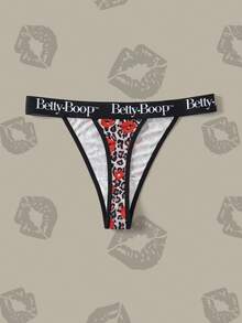 Betty Boop x SHEIN Women's Letter Waist Leopard Print Lip Graphic Fashion Thong - Brown - View 2