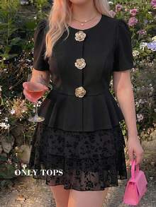 SHEIN MOD Plus Size 3D Floral Decor Ruffle Hem Black Top, Commuter Elegant, Urban Modern, Minimalist Vintage - Black - View 7
