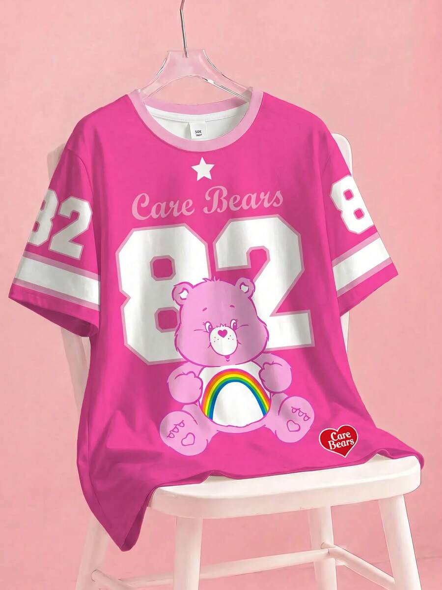 SHEIN X Care Bears 加大码夏季休闲卡通数字印花T恤 - 白色 - 查看 1