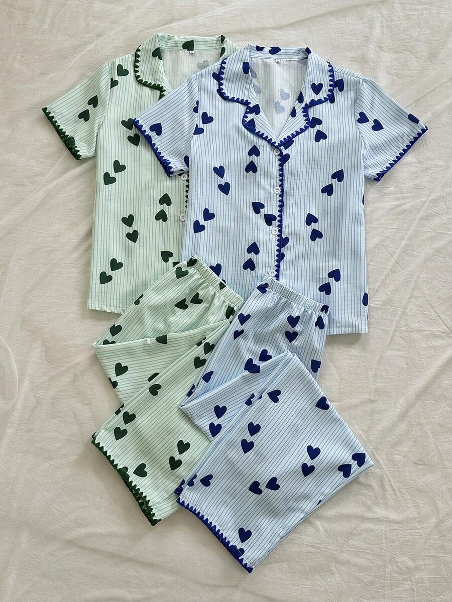 Dream Adore Set Piyama Lengan Pendek Kerah Kasual Motif Garis Hati 4 Potong dengan Tepi Bergelombang - MultiWarna - View 1