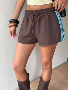 Aloruh Women's Low Waist Sports Active Athleisure Casual Contrast Trim Loose Shorts Gym Brown And Blue Stripe Summer Workout - Coffee Brown - View 3