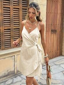 SHEIN LUNE Women's Casual Tropical Solid Color Summer Vacation Commute Daily Basic Fashion Outing Outfit Spaghetti Strap Short Dress Beige Brunch Beach - Apricot - View 5