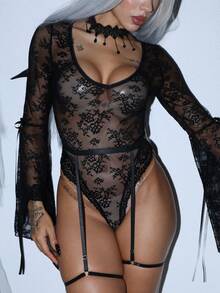 AltCore/2pcs Gothic Style Sheer Lace Bell Sleeve Bow Garter Sexy Jumpsuit For Women - Black - View 6