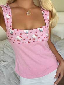 CovetEZ HELLO KITTY AND FRIENDS | SHEIN 女款性感修身細肩帶上衣，適合春夏，IP聯名Hello Ktty印花圖案，適用於度假、畢業季、夏季上衣、日常通勤、約會、派對、秋冬春夏、聖誕節、新年、畢業典禮等場合 - 彩色 - 查看 3