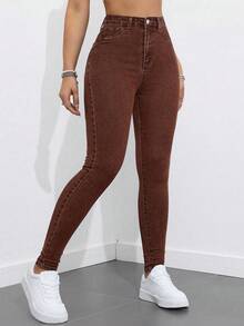 SHEIN EZwear 大尺碼女款街頭寬鬆休閒彈性舒適巧克力棕色牛仔緊身牛仔褲 約會之夜 早午餐 正式場合 夏季 - 棕色 - 查看 1