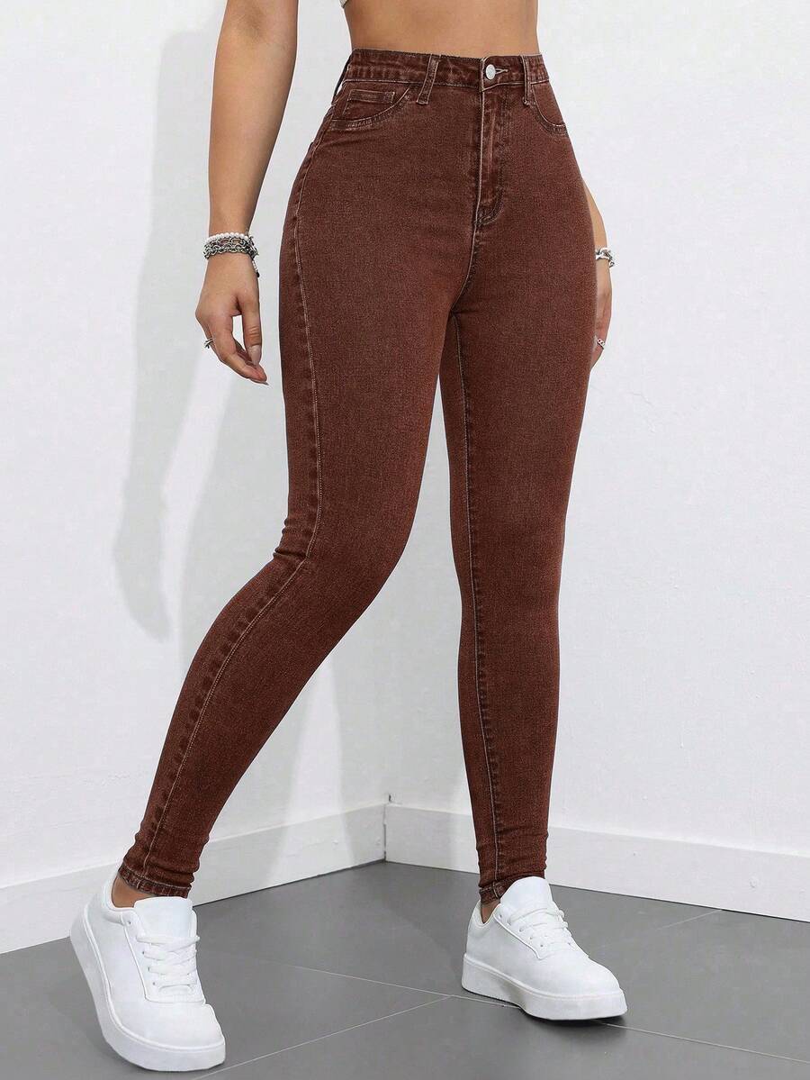 SHEIN EZwear 大尺碼女款街頭寬鬆休閒彈性舒適巧克力棕色牛仔緊身牛仔褲 約會之夜 早午餐 正式場合 夏季 - 棕色 - 查看 1