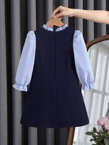 Elladie kids Girls' Spring/Autumn Collar 2 In 1 Top With Blue Striped Front Neckline, 3D Woven Ribbon Bow, Navy Blue Back To School Clothes  Preppy School Dress - Blue - View 3