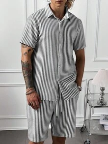 Manfinity CasualCool 男士條紋針織提花襯衫與短褲套裝，儀式穿著 - 灰色 - 查看 5