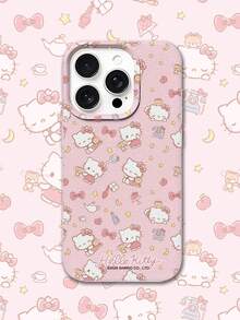 HELLO KITTY AND FRIENDS | SHEIN HelloKitty 全角色與反派彩色貼紙拼貼印花 粉色邊框皮革紋理手機殼 防震防摔 全包覆保護殼 適用 iPhone 17 Pro Max 16 15 14 13 12 Pro Max Plus Y2K 復古美學 可愛少女風 Ins 高顏值手機殼 - 彩色 - 查看 1